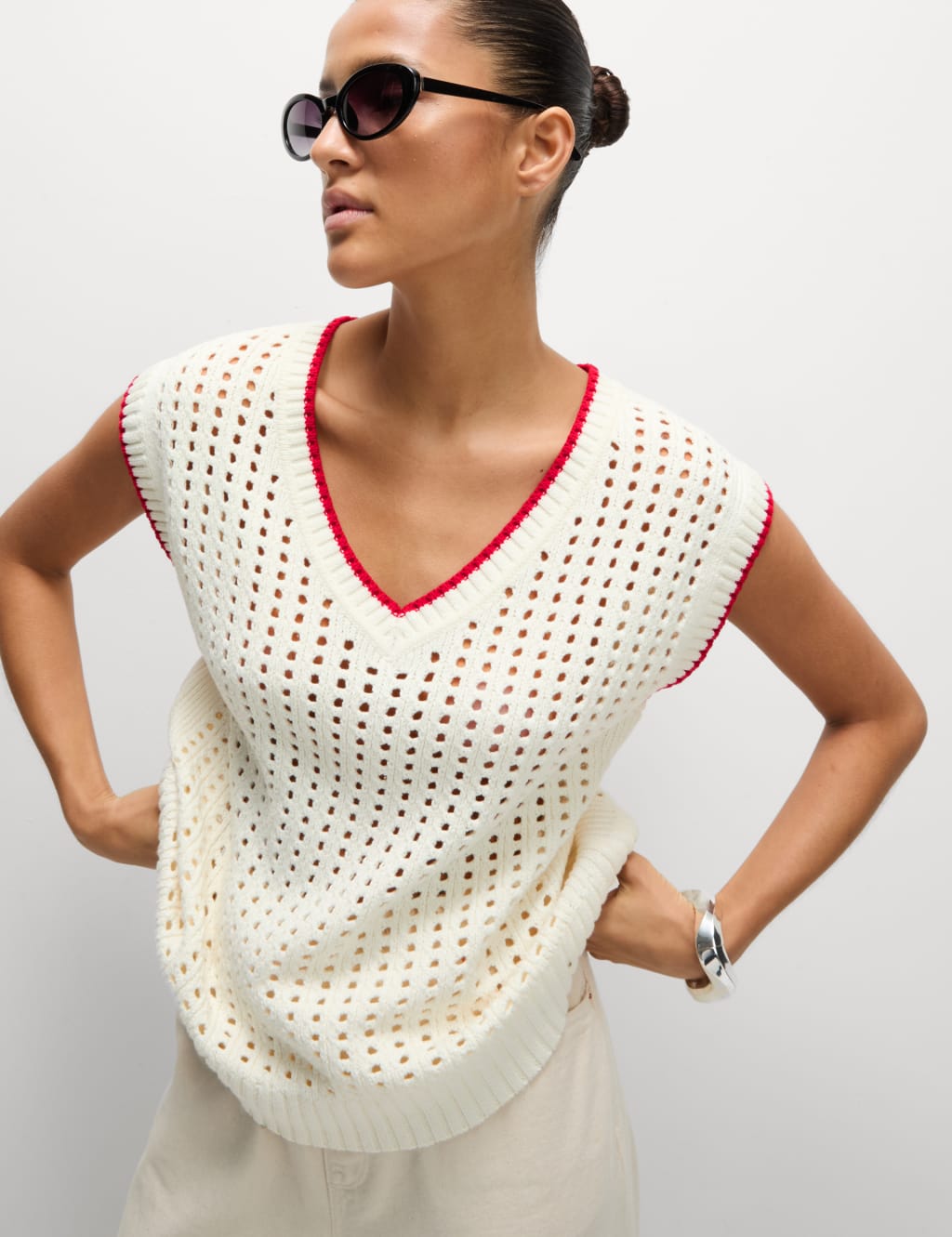 Cotton Rich Textured V-Neck Knitted Vest 4 of 6