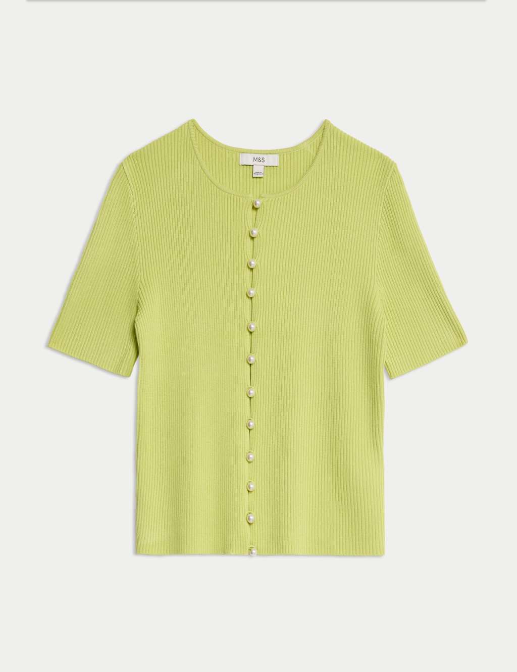 Textured Crew Neck Pearl Look Button Cropped Knitted Top 2 of 7