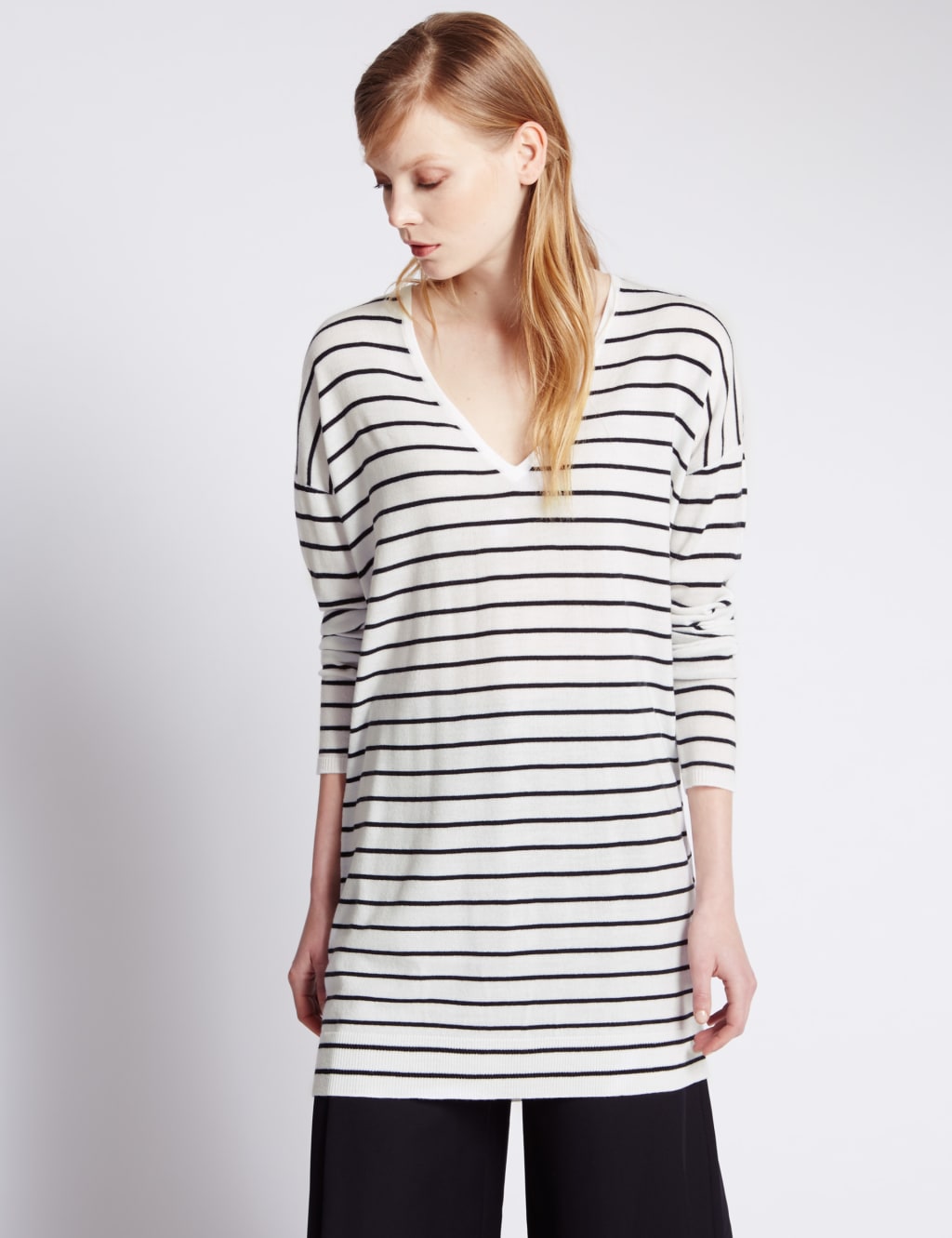 Deep V-Neck Striped Tunic Jumper 1 of 3