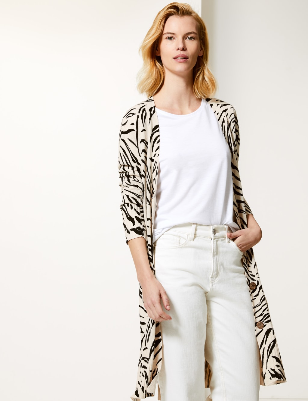 Linen Blend Animal Print Longline Cardigan M S Collection M S