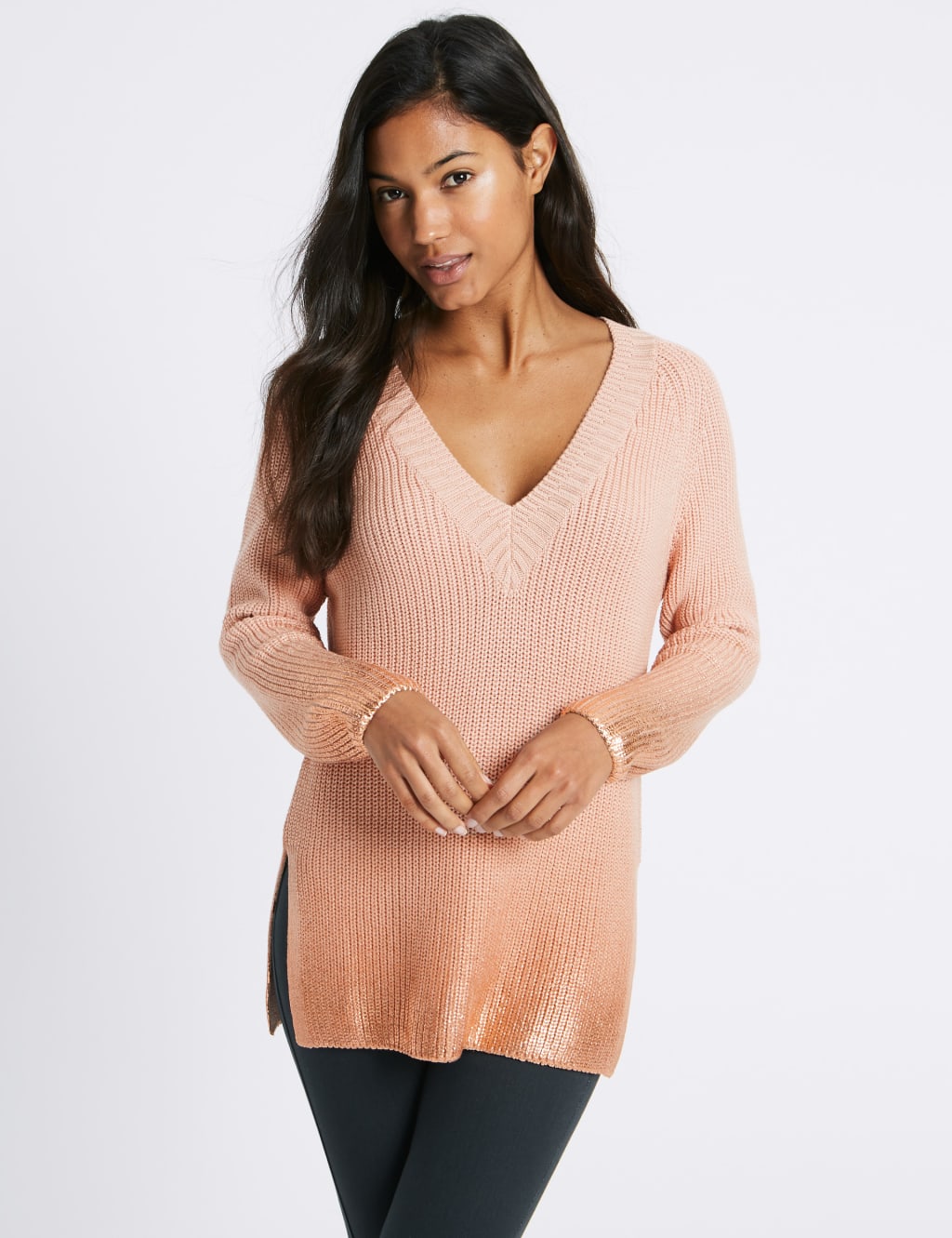Cotton Blend V Neck Longline Jumper M S Collection M S