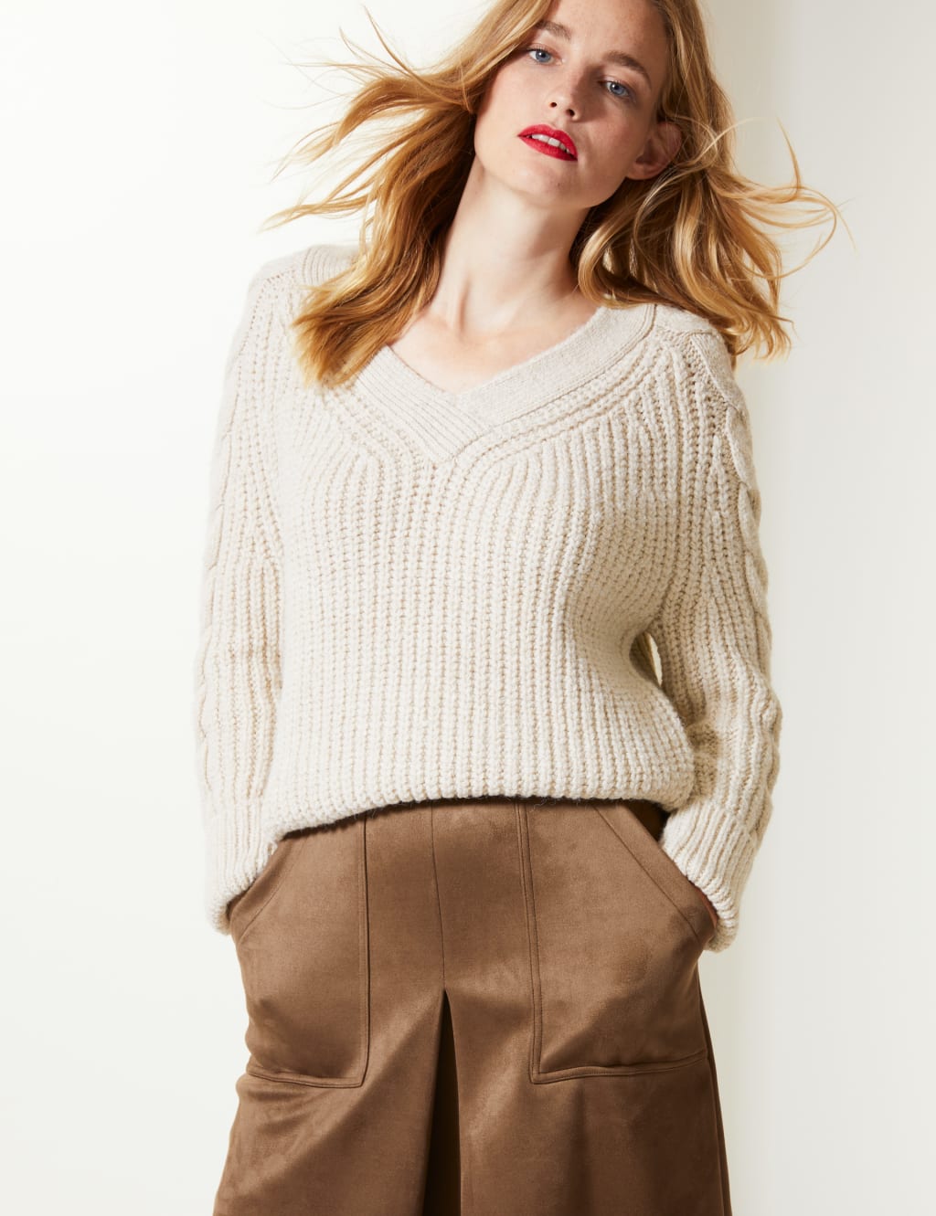 Cable Knit Sleeve V-Neck Jumper 1 of 4