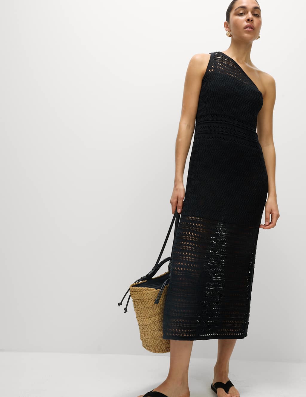 Cotton Rich Textured One Shoulder Midi Beach Dress 1 of 6