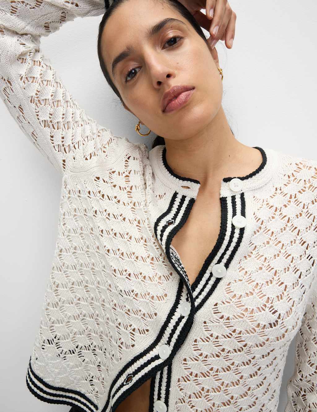 Pointelle Crew Neck Tipped Detail Button Front Cardigan 3 of 6