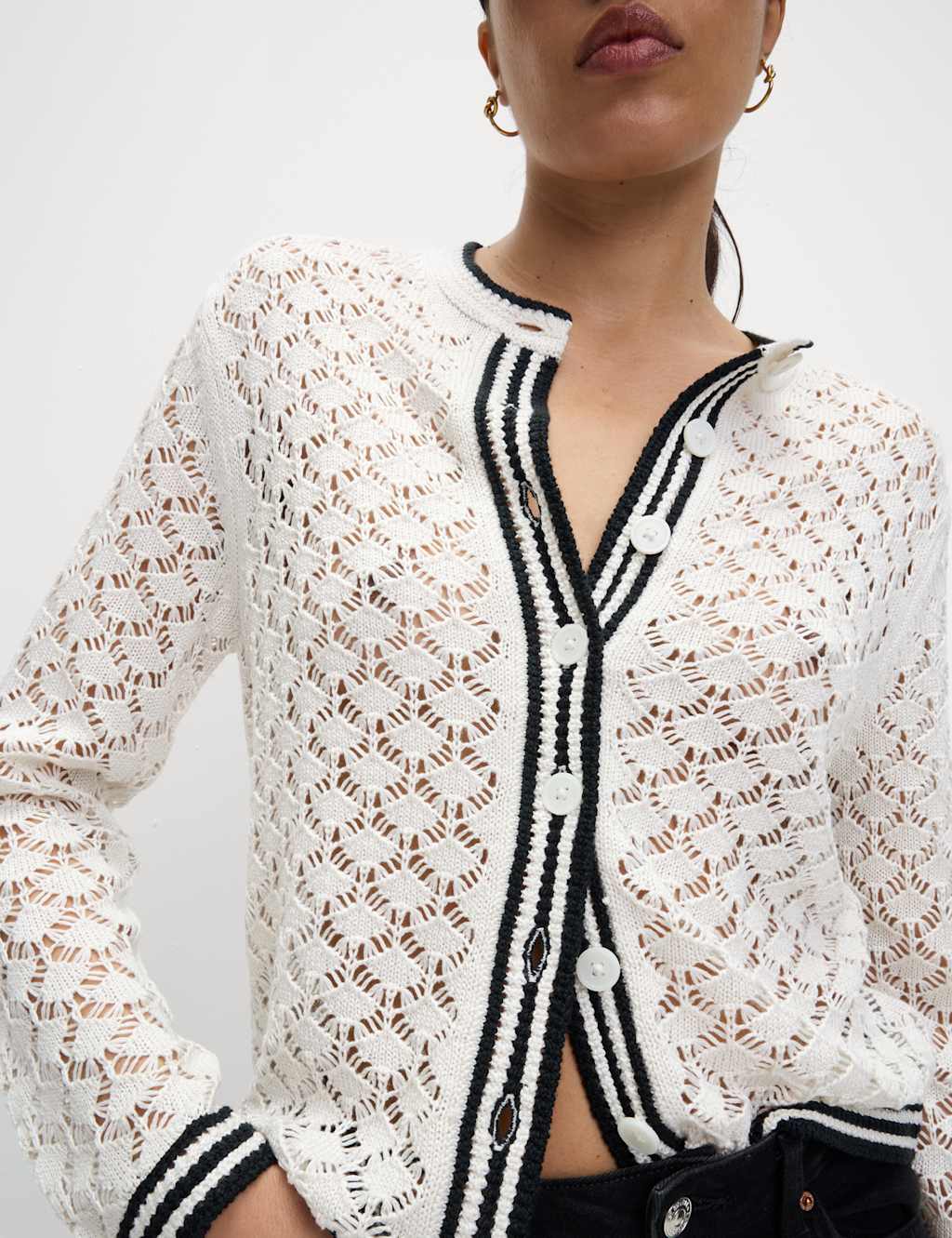 Pointelle Crew Neck Tipped Detail Button Front Cardigan 5 of 6