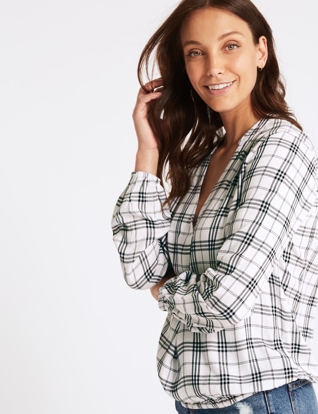 Checked Notch Neck Long Sleeve Blouse 3 of 4