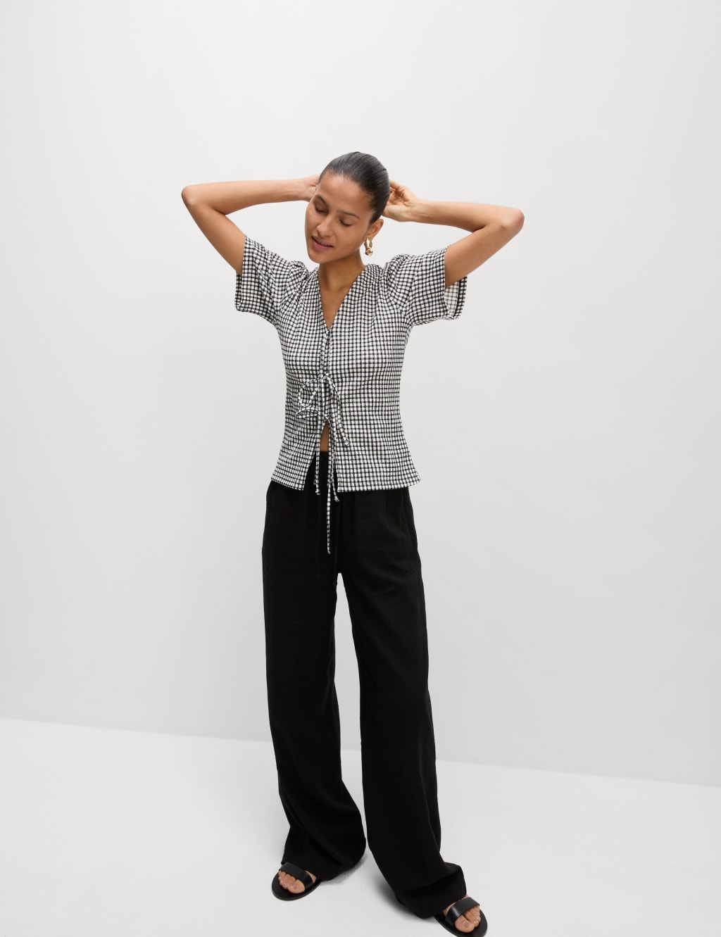 Gingham Textured V-Neck Tie Front Top 3 of 6