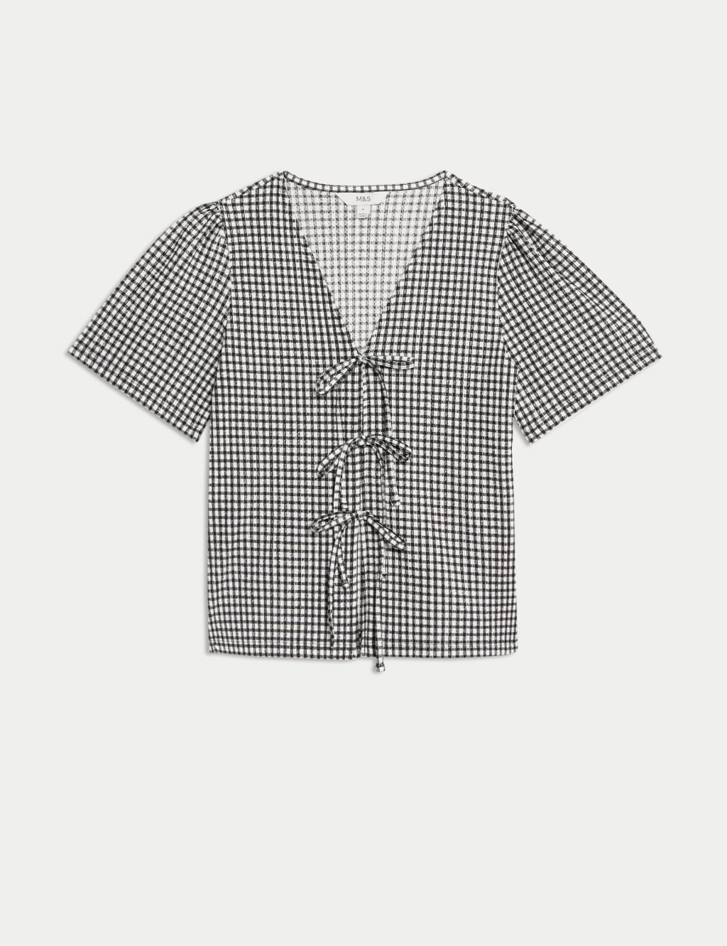 Gingham Textured V-Neck Tie Front Top 2 of 6