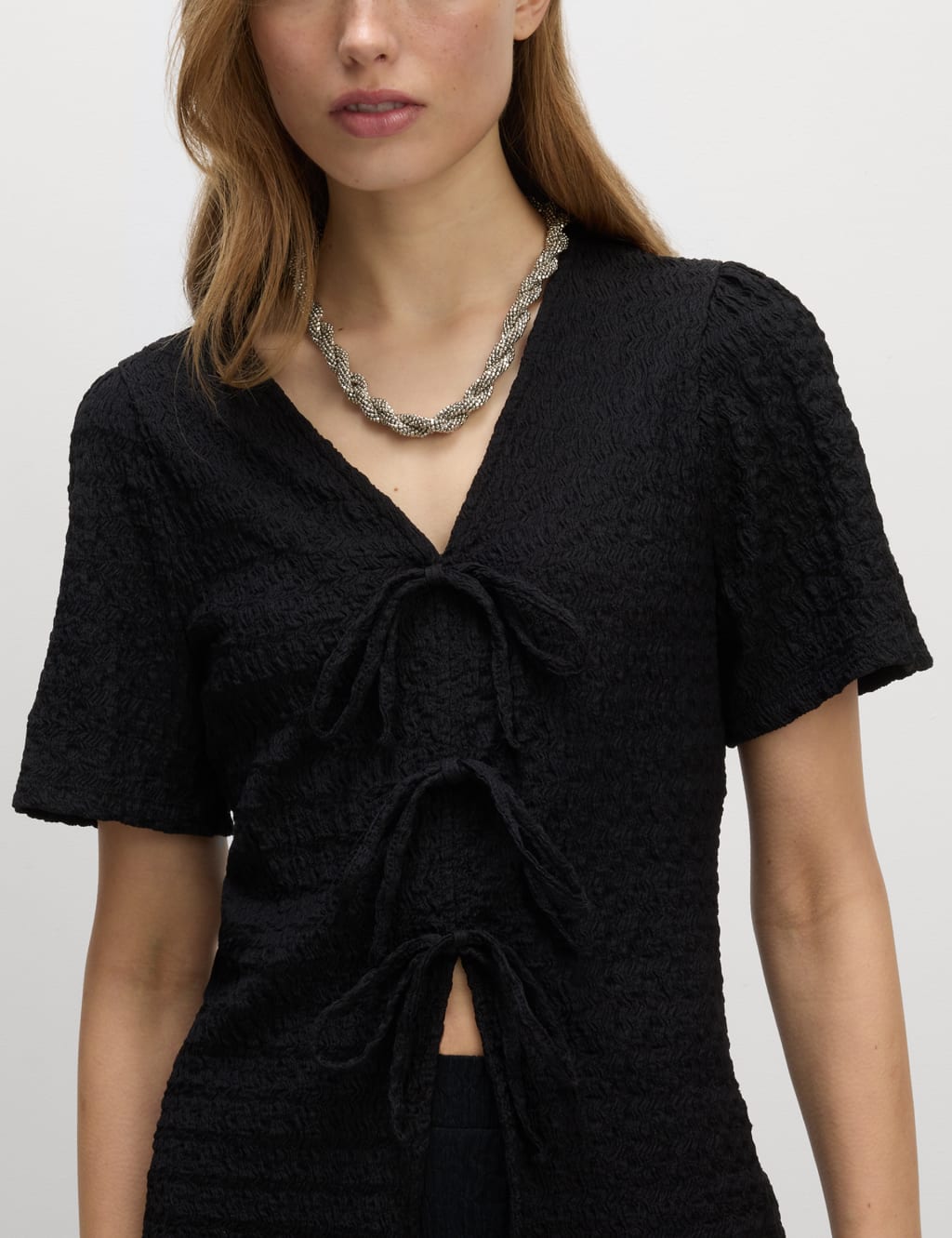Textured V-Neck Tie Front Top 3 of 6