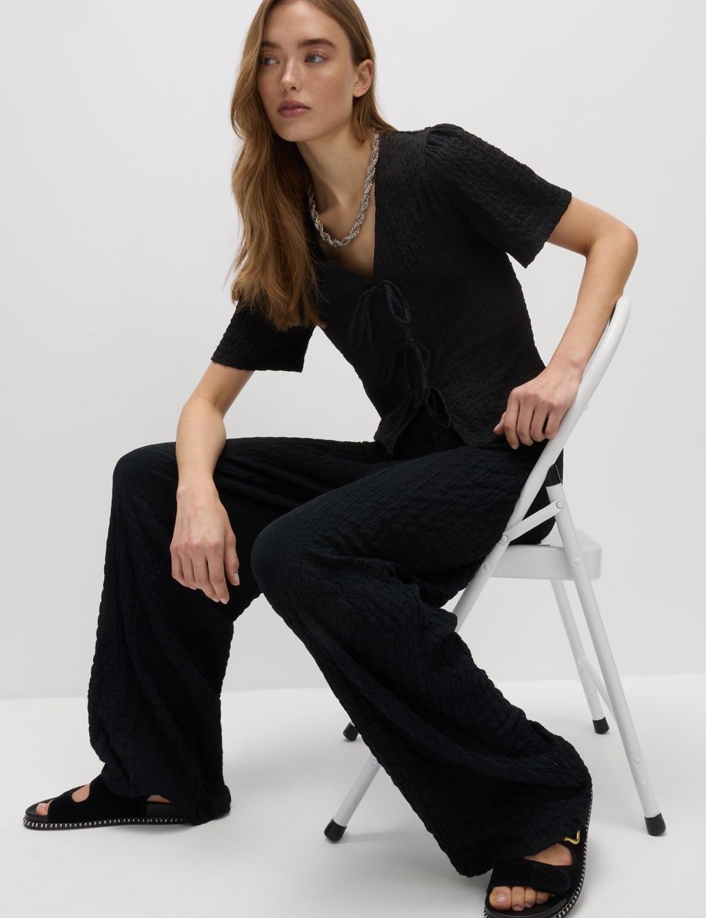 Textured V-Neck Tie Front Top 4 of 6