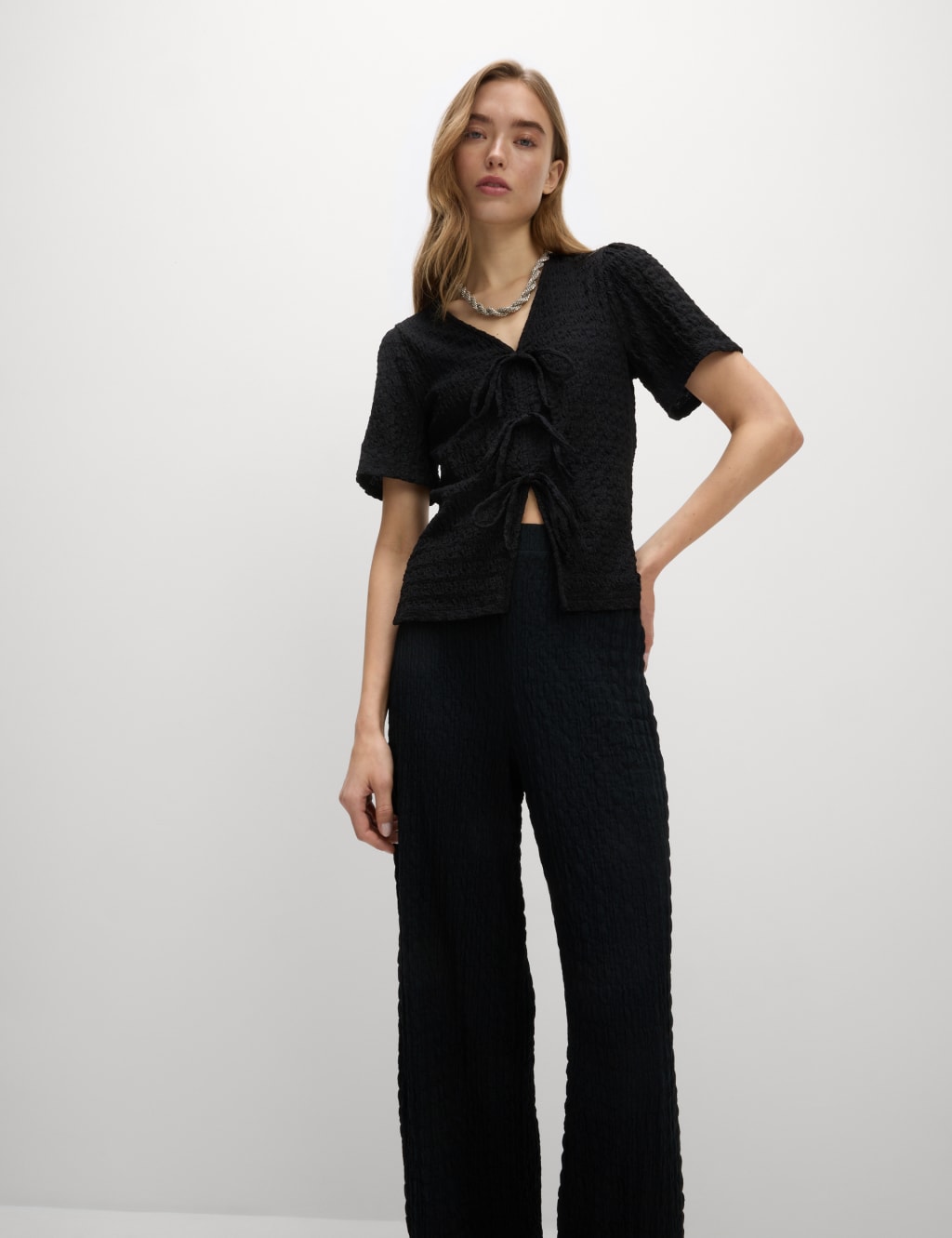 Textured V-Neck Tie Front Top 6 of 6