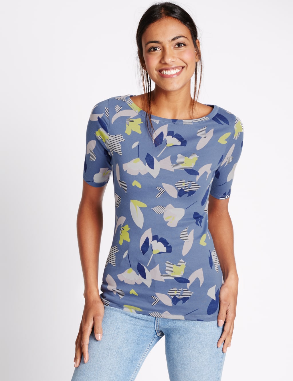 Pure Cotton Floral Print Slash Neck T-Shirt 1 of 4