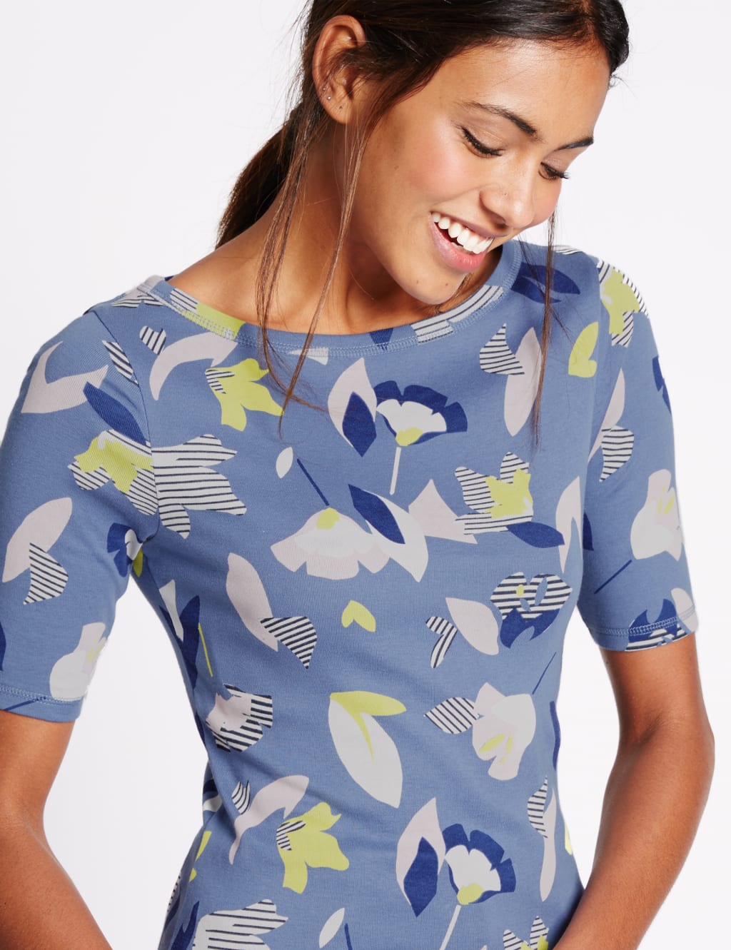 Pure Cotton Floral Print Slash Neck T-Shirt 4 of 4