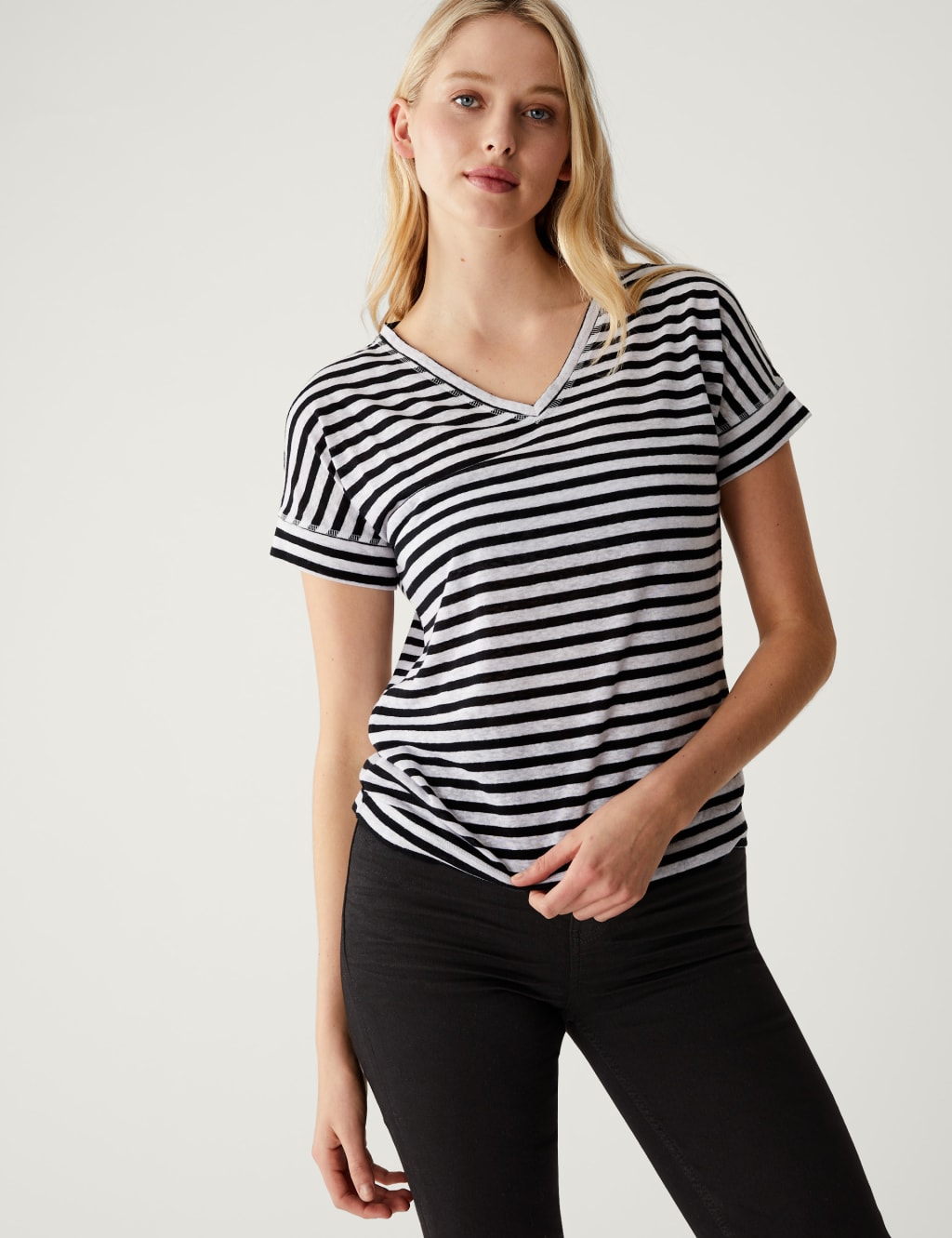 Linen Rich Striped V-Neck T-Shirt 5 of 5