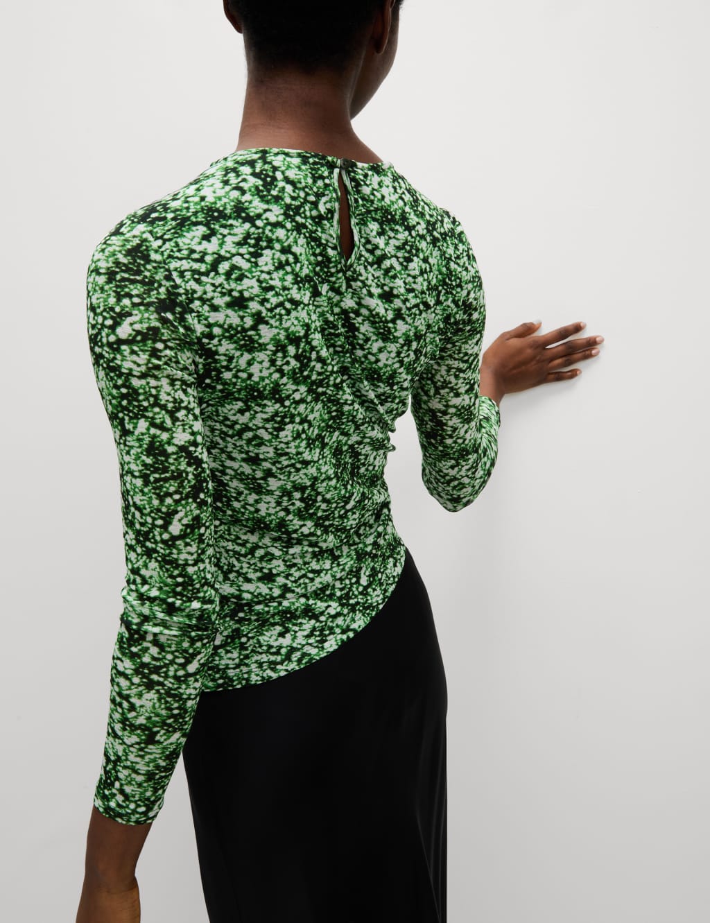 Long Sleeve Printed Ruched Mesh Top 4 of 6