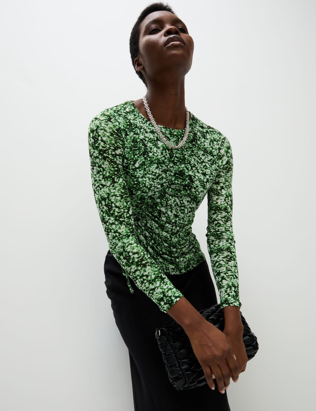 Long Sleeve Printed Ruched Mesh Top 5 of 6