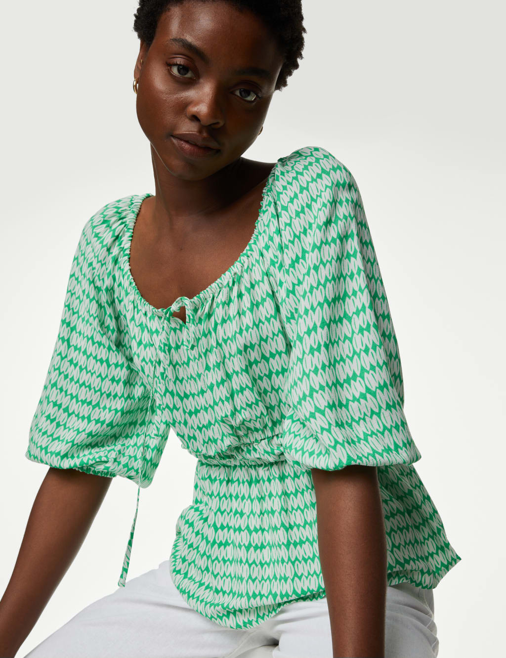 Printed Blouson Sleeve Peplum Top 1 of 5