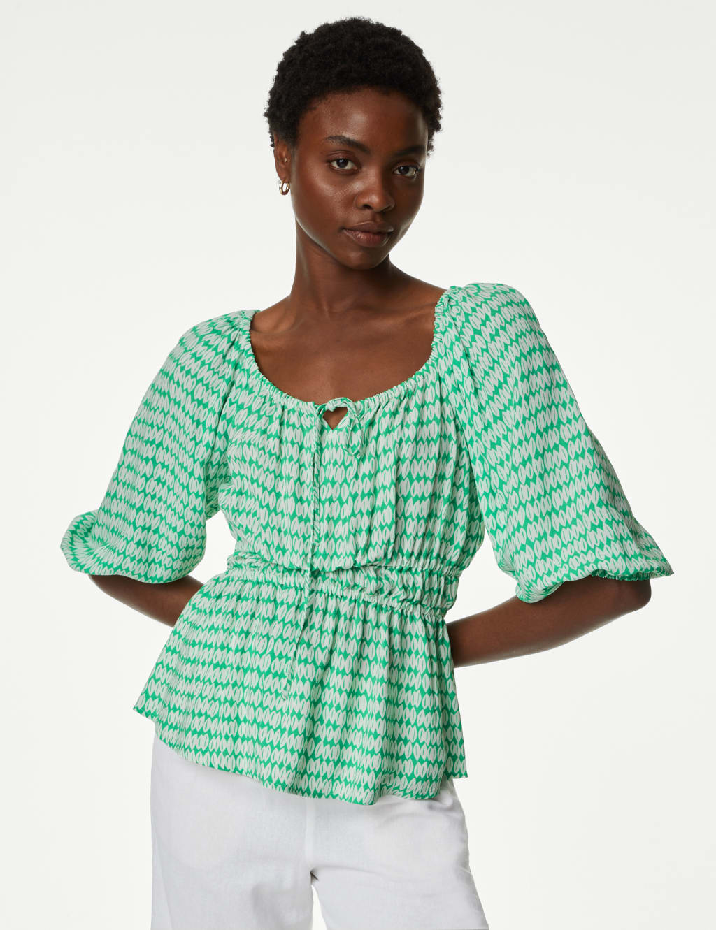 Printed Blouson Sleeve Peplum Top 4 of 5