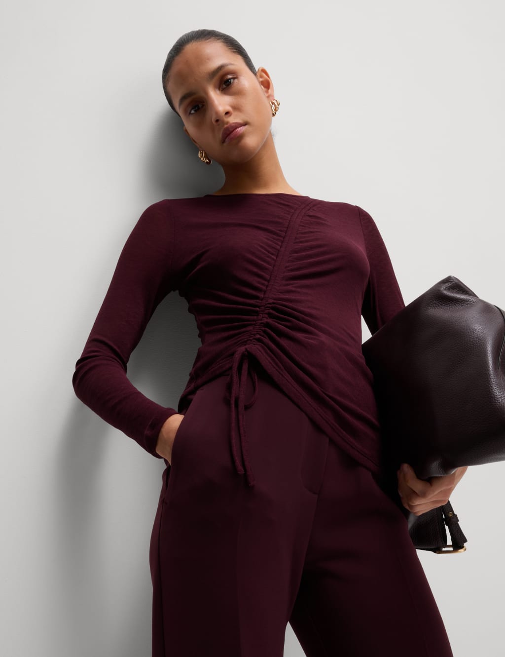 Long Sleeve Mesh Ruched Top 1 of 5