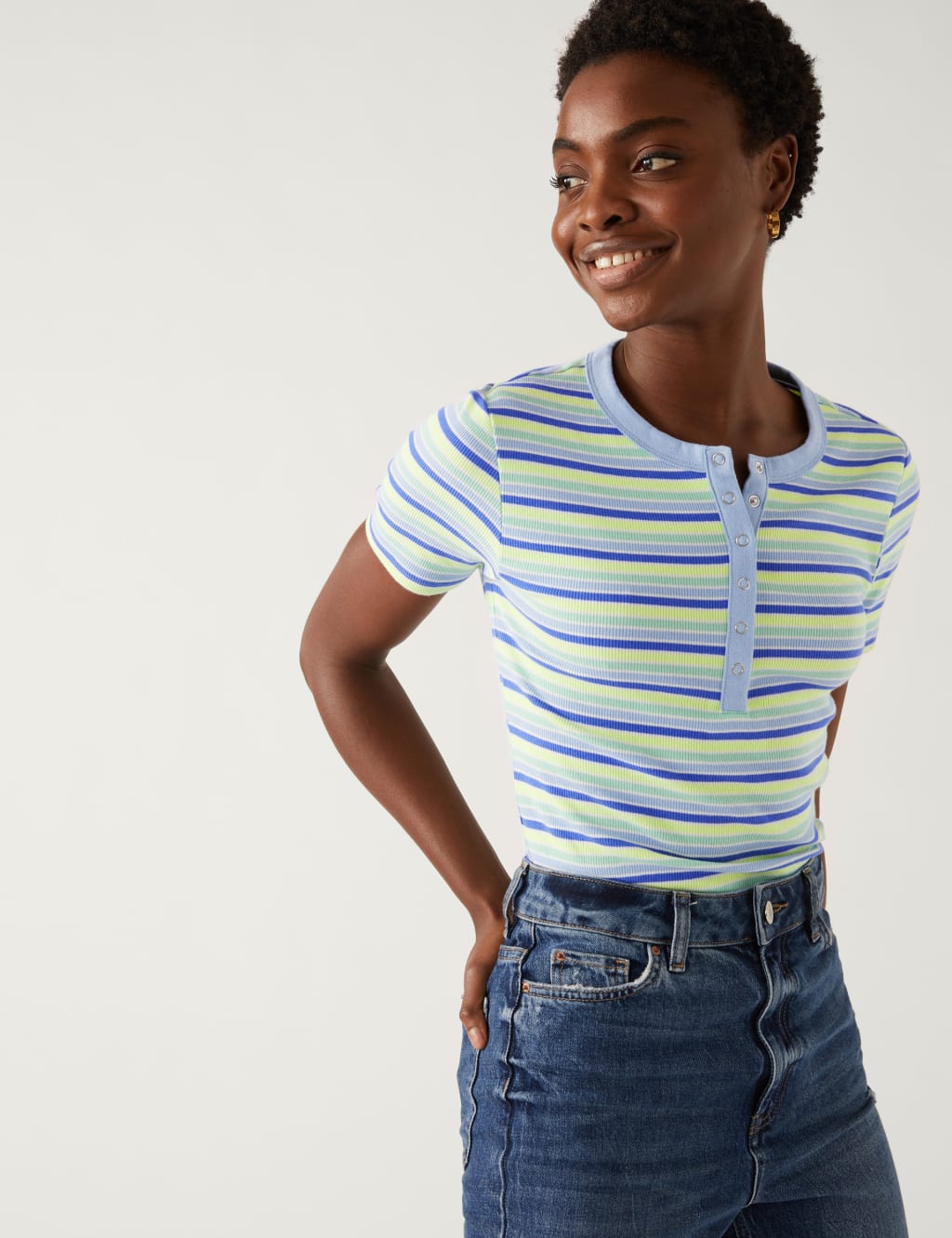 Cotton Rich Ribbed Striped Henley Top 1 of 5