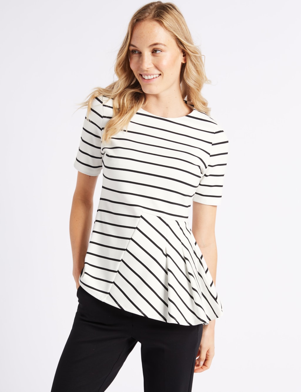 Striped Round Neck Short Sleeve Peplum Top 1 of 4