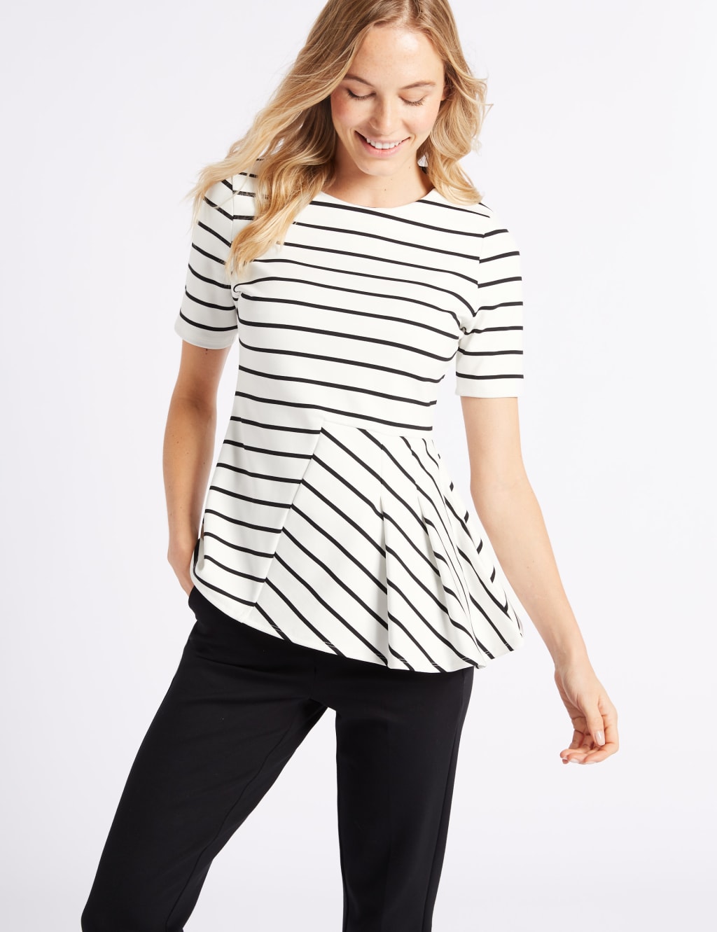Striped Round Neck Short Sleeve Peplum Top 3 of 4