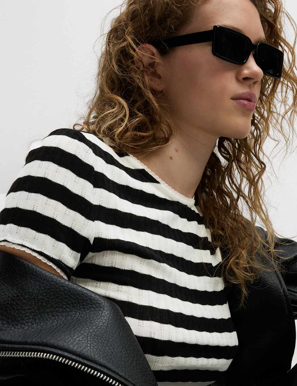 Striped Pointelle Crew Neck T-Shirt 5 of 5
