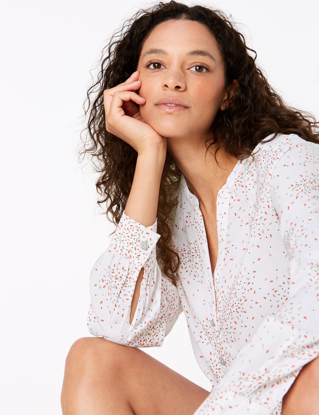 Printed V-Neck Long Sleeve Popover Blouse 1 of 4