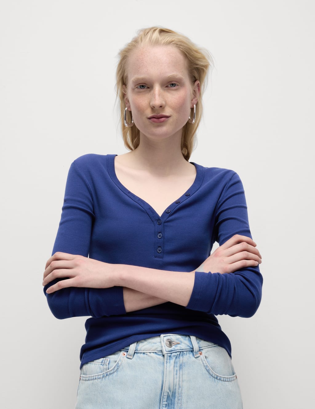 Cotton Rich Ribbed V-Neck Top 1 of 5