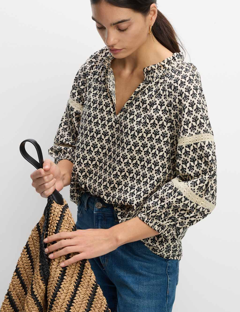 Pure Cotton Printed Notch Neck Puff Sleeve Blouse 3 of 6
