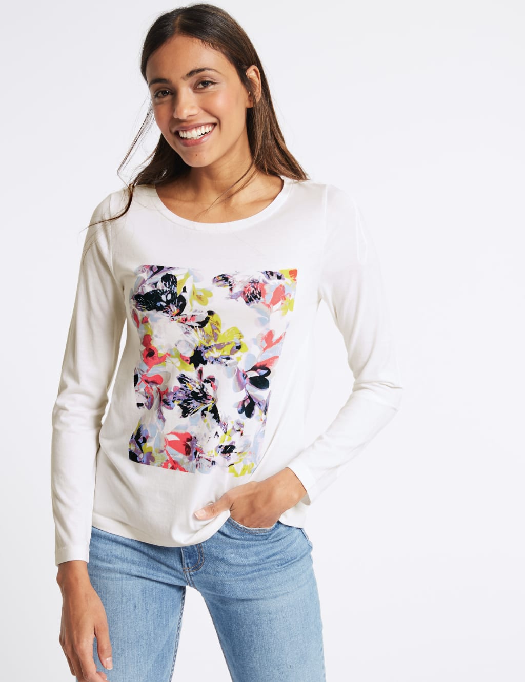 Pure Cotton Floral Print Long Sleeve T-Shirt 1 of 5
