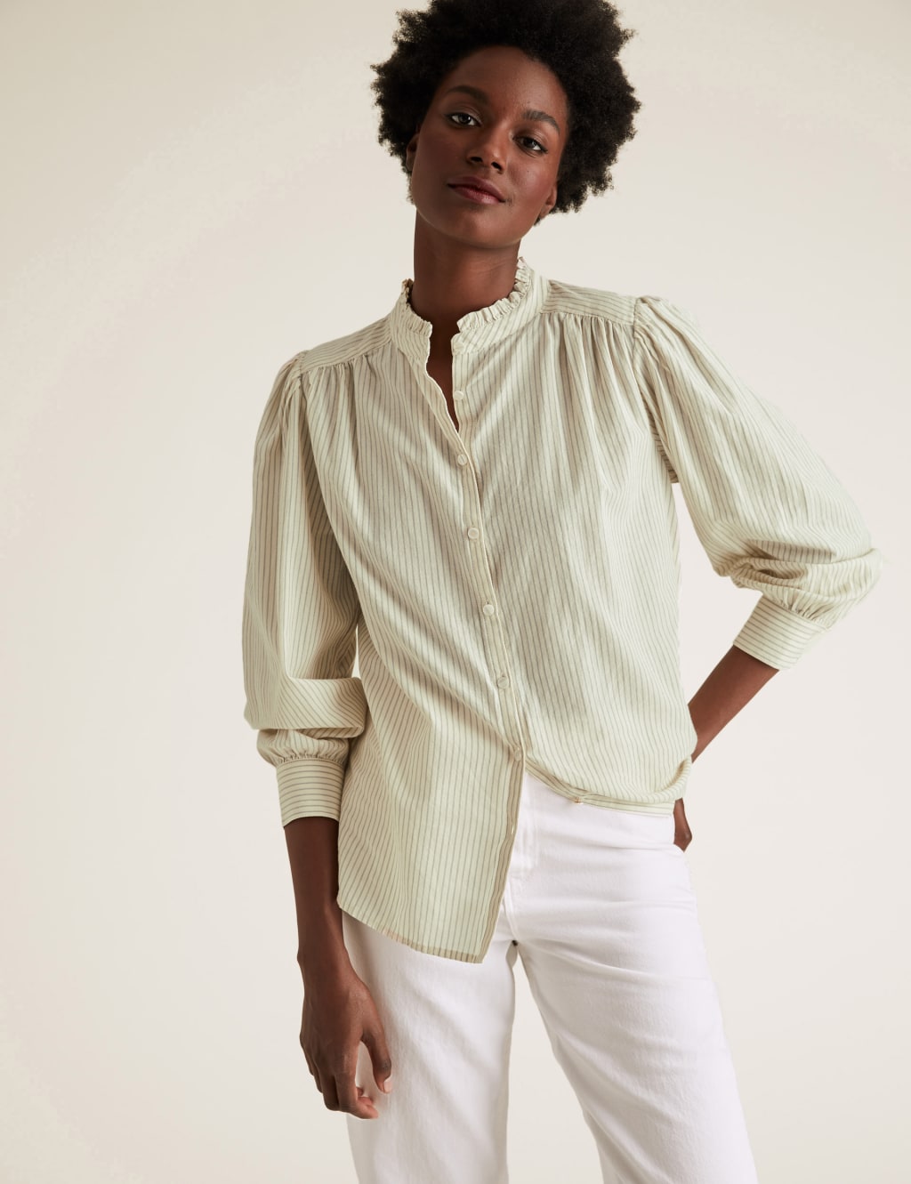 Pure Cotton Striped Puff Shoulder Blouse M S Collection M S