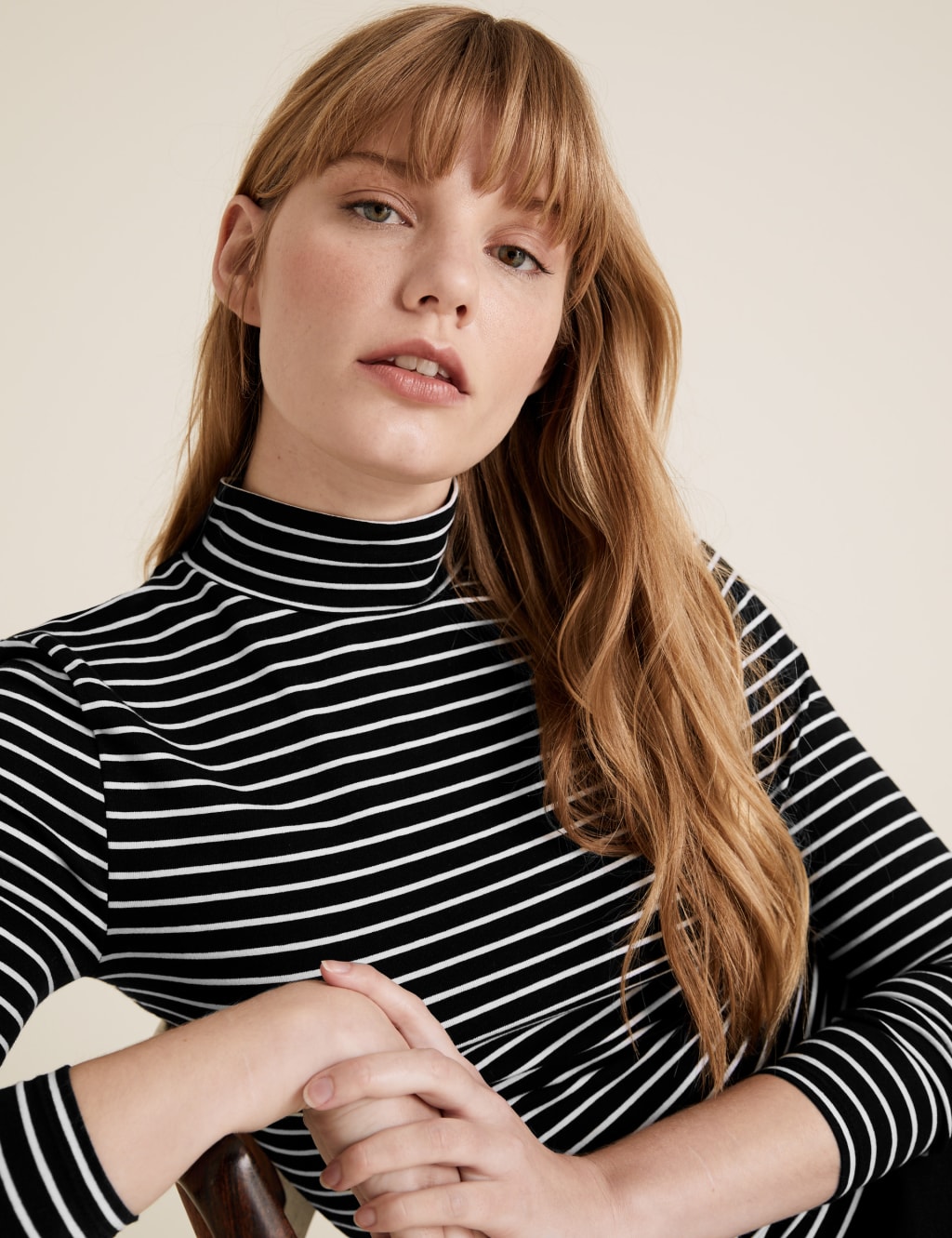 Cotton Striped Funnel Neck Fitted Top 1 of 5