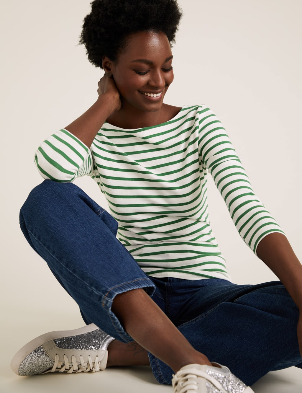 Cotton Striped Fitted 3/4 Sleeve Top 1 of 5