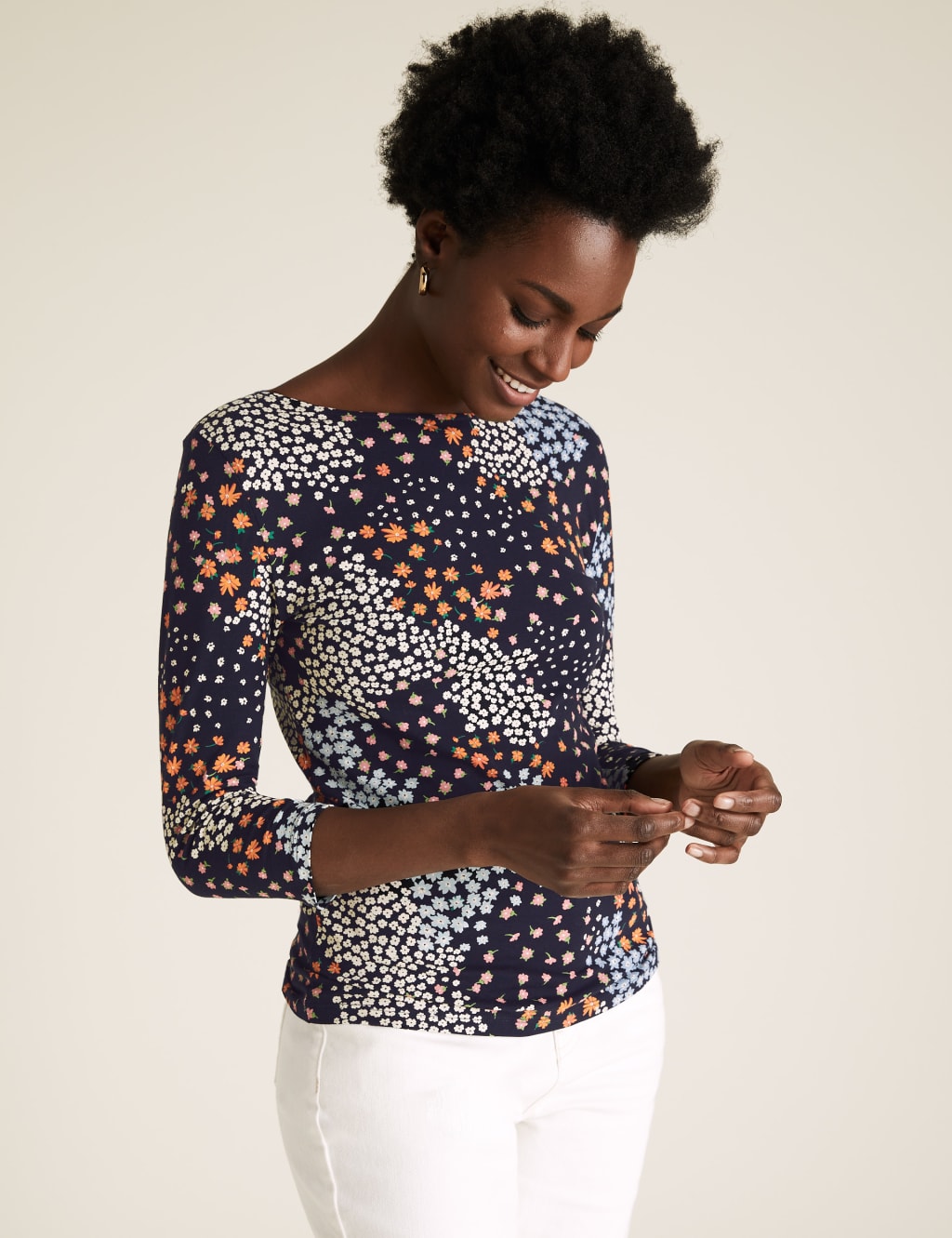 Cotton Floral Slash Neck Fitted Top 1 of 5