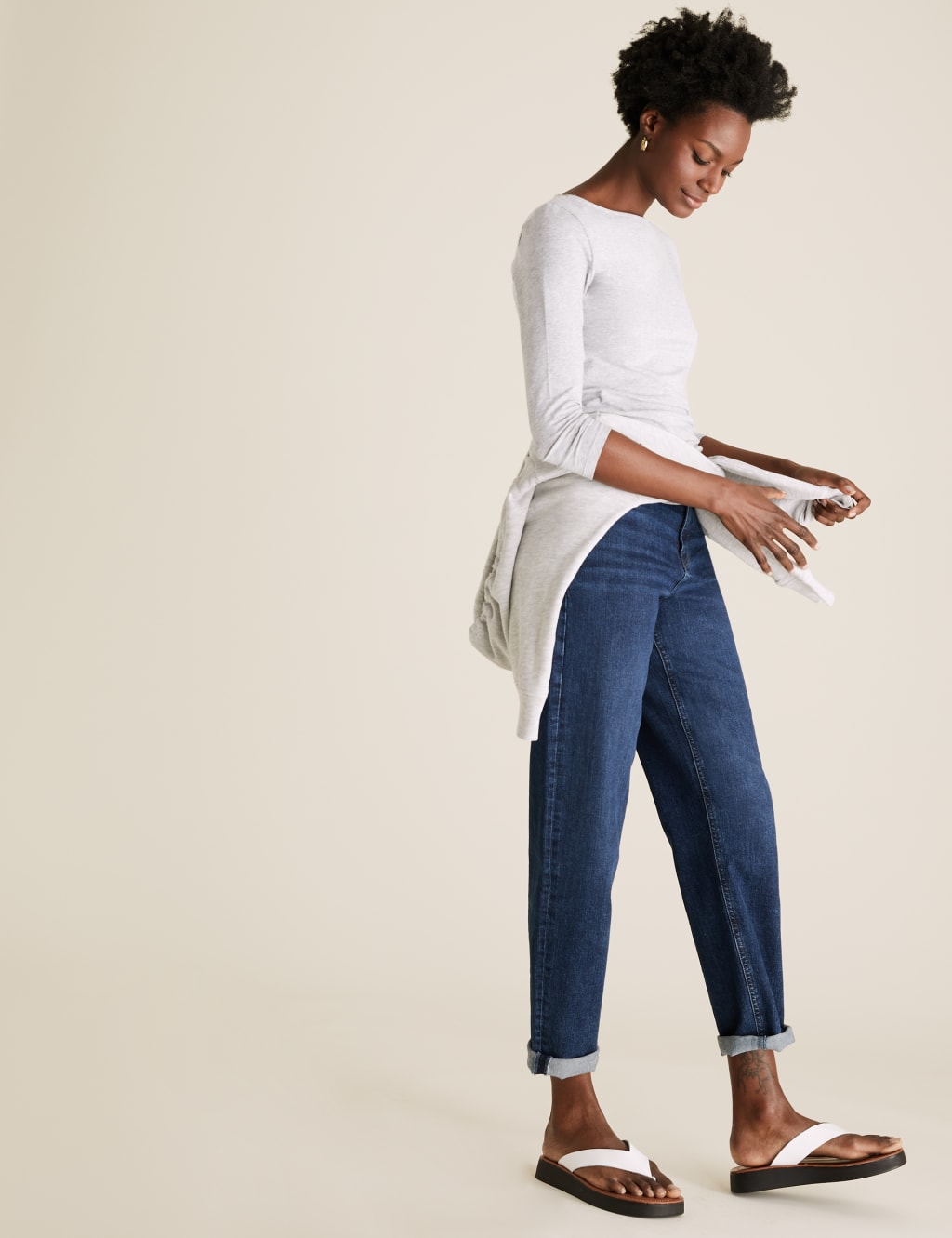 Cotton Rich Slash Neck Fitted 3/4 Sleeve Top 1 of 4