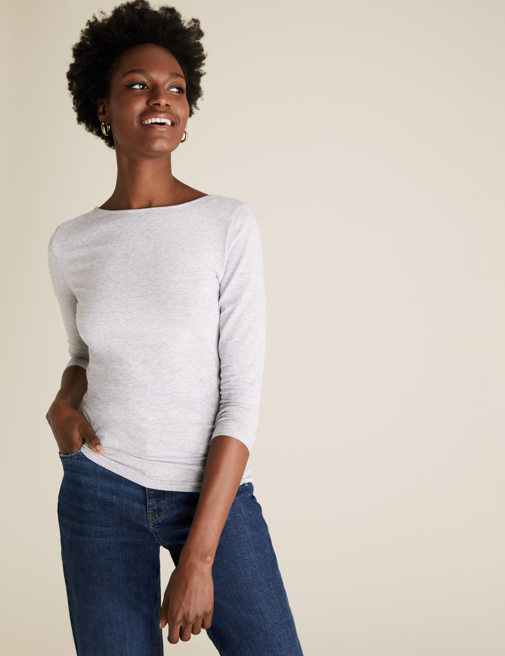 Cotton Rich Slash Neck Fitted 3/4 Sleeve Top 3 of 4