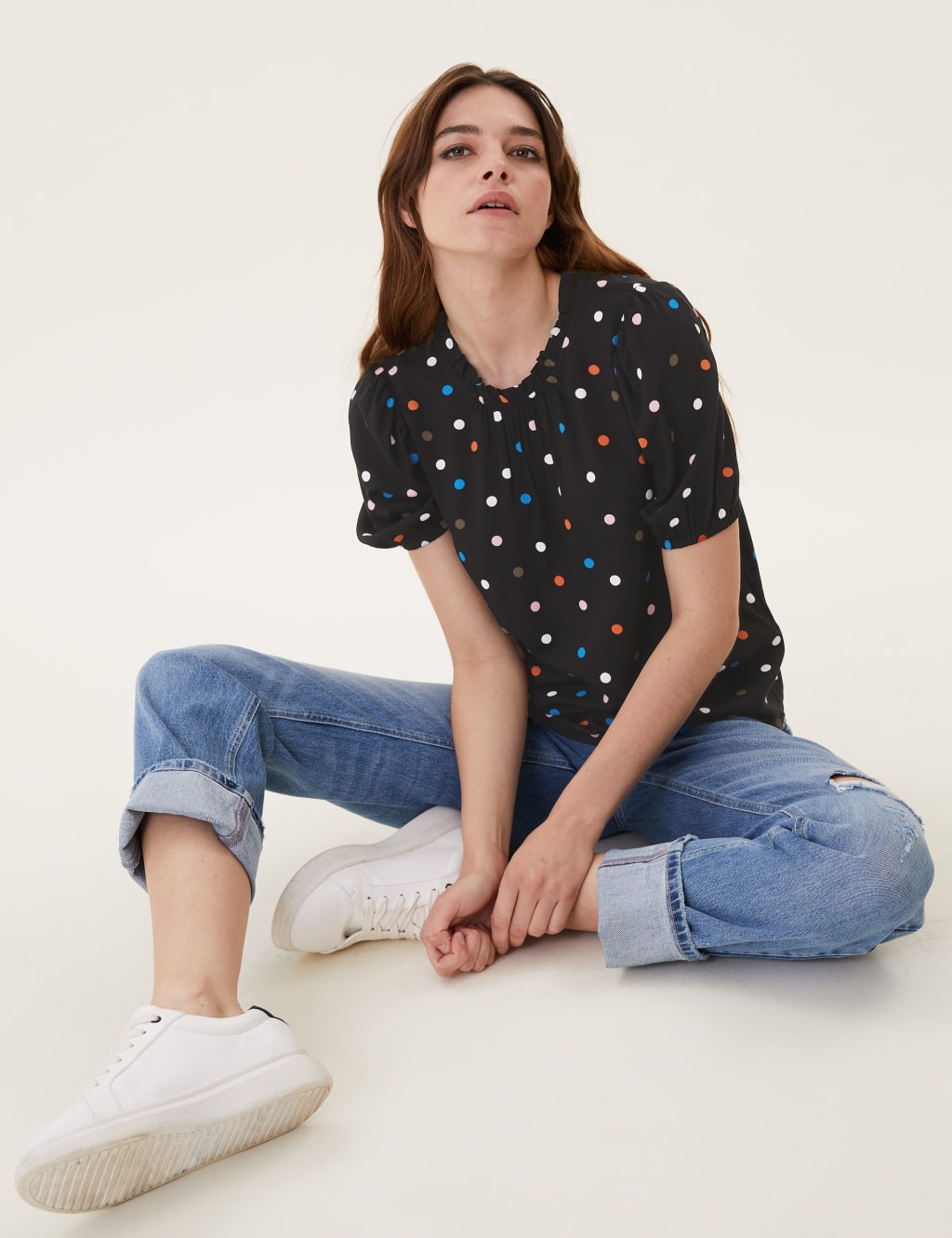 Printed Frill Neck Puff Sleeve Top 3 of 5