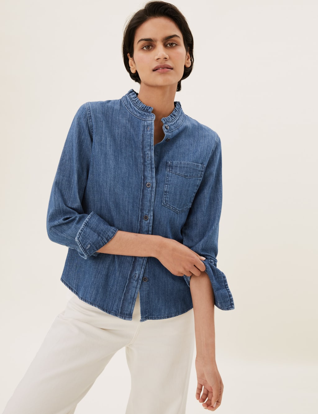 Denim Relaxed Frill Neck Top 3 of 5
