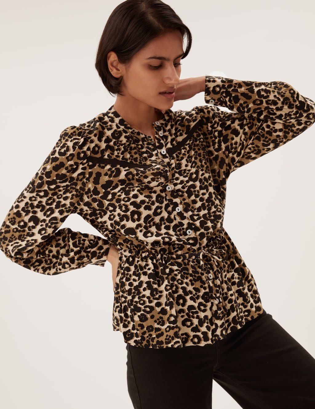 Animal Print Relaxed Lace Insert Peplum Top 1 of 5