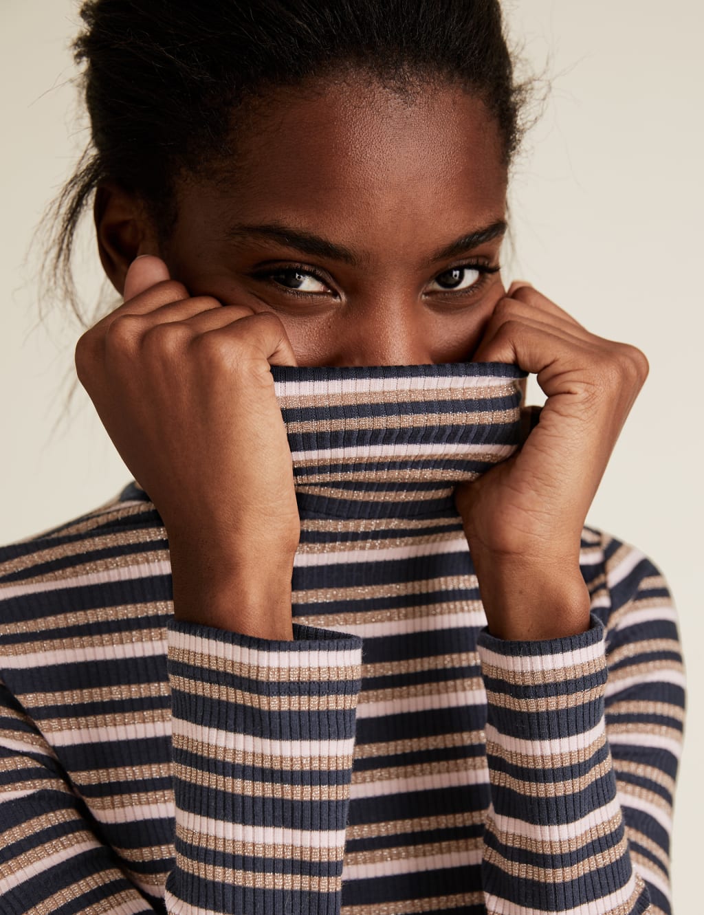 Sparkly Striped Funnel Neck Fitted Top 1 of 4