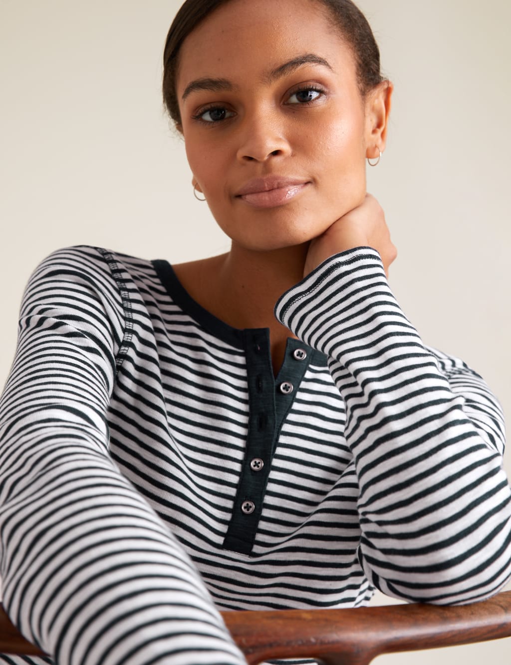 Pure Cotton Striped Crew Neck Henley Top M S Collection M S
