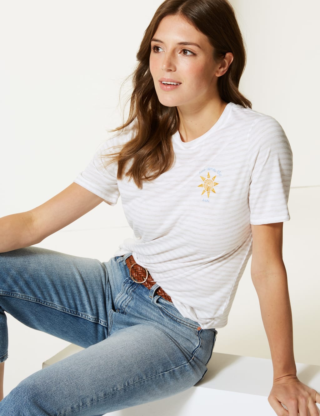 Striped Round Neck Embroidered Motif T-Shirt 1 of 4
