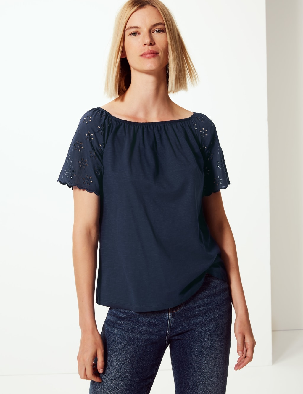 Pure Cotton Embroidered Regular Bardot Top 1 of 5