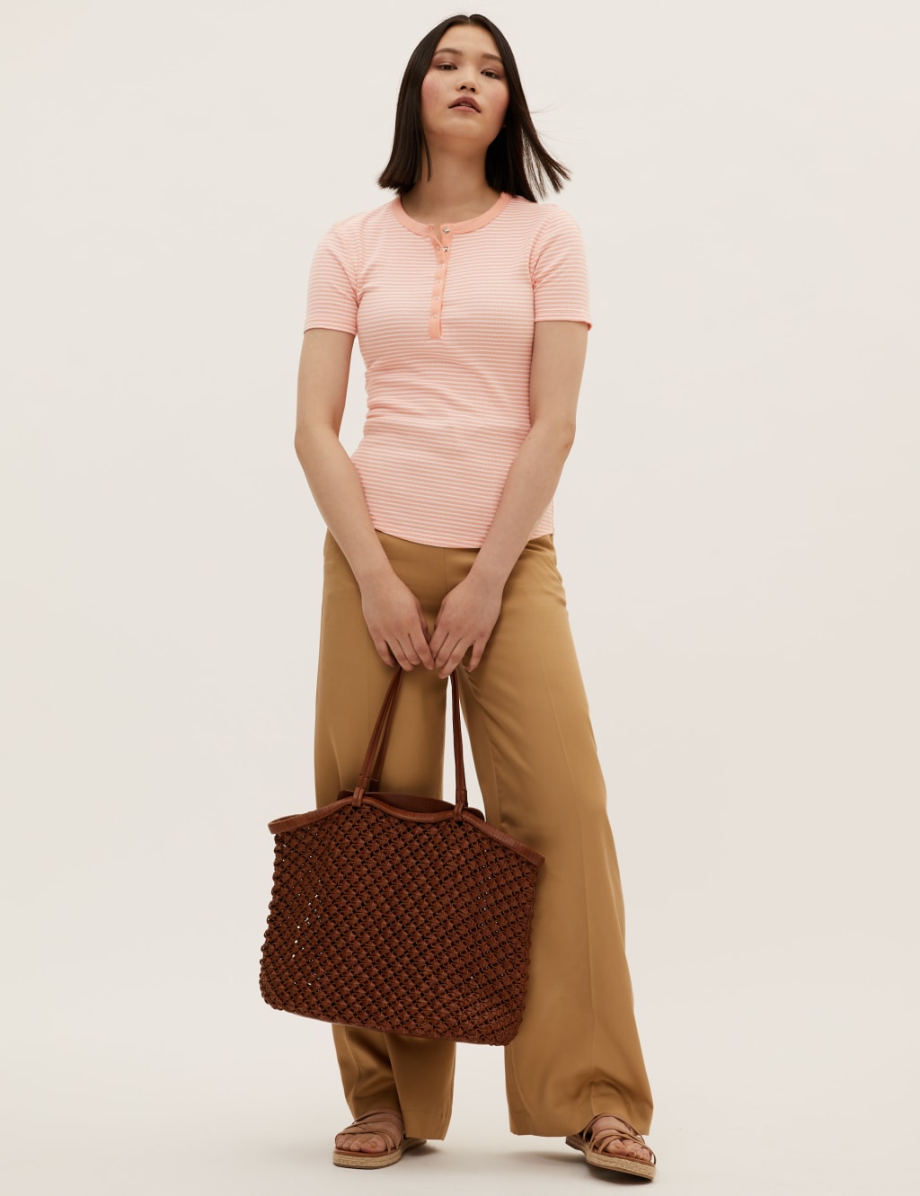 Cotton Rich Striped Ribbed Henley Short Sleeve Top 1 of 5