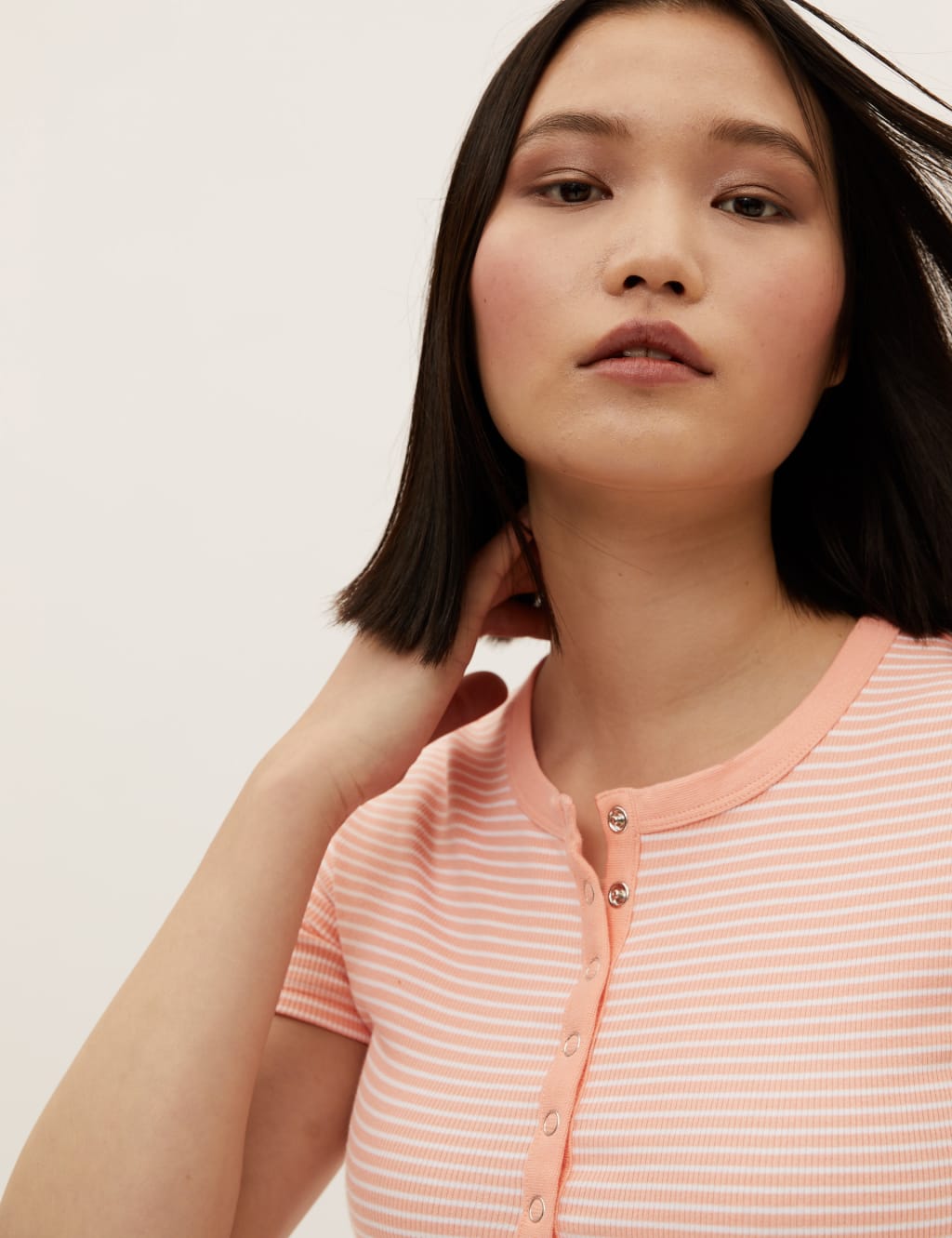 Cotton Rich Striped Ribbed Henley Short Sleeve Top 3 of 5