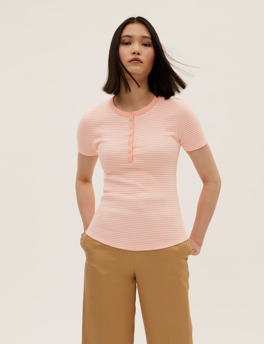 Cotton Rich Striped Ribbed Henley Short Sleeve Top 5 of 5