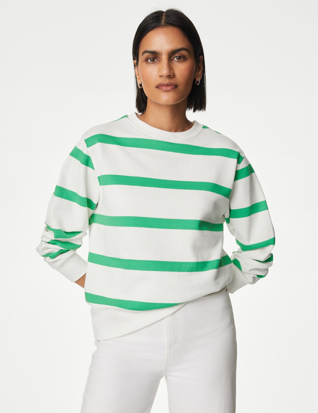 Cotton Rich Striped Crew Neck Sweatshirt M S Collection M S