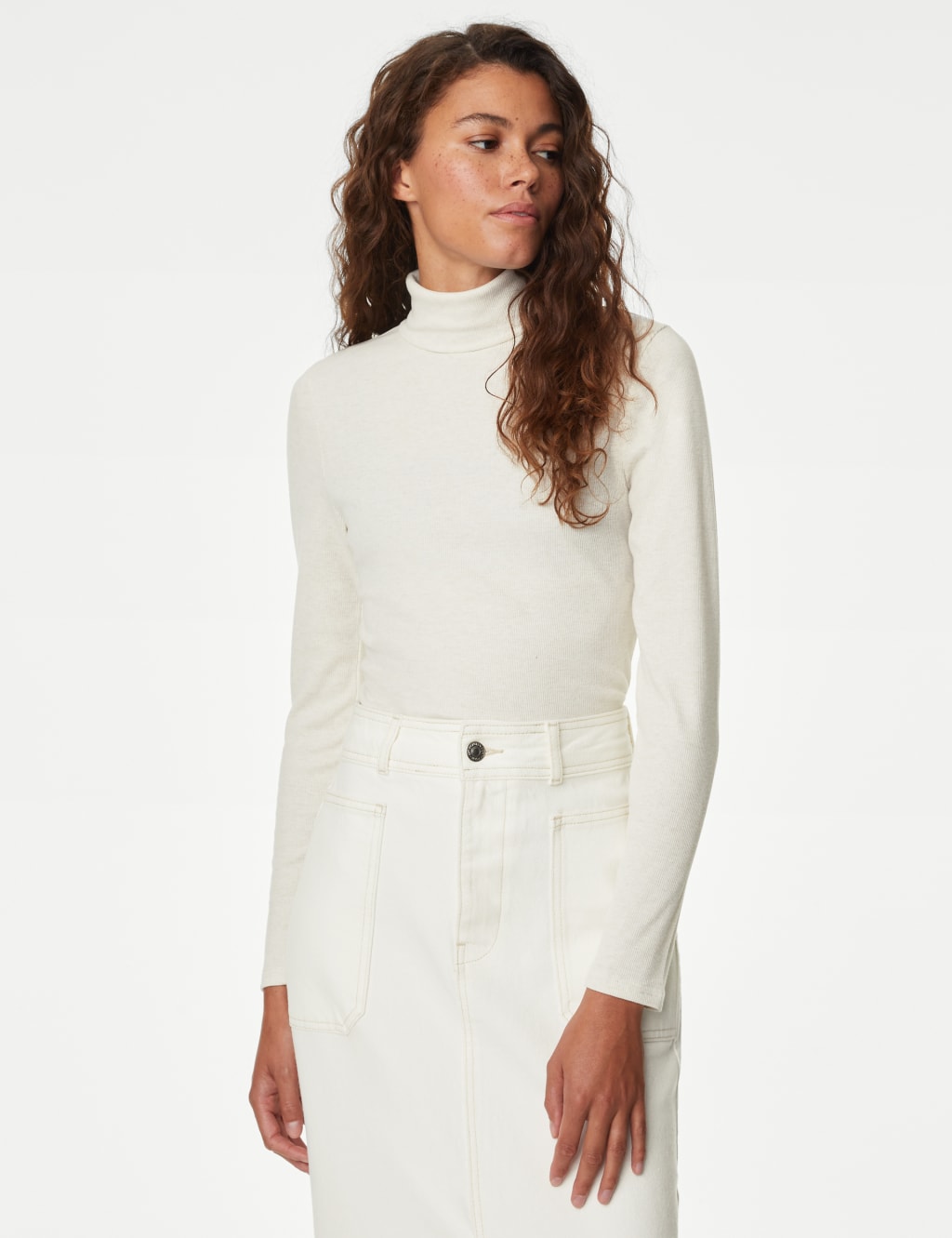 White ribbed roll neck top cheap