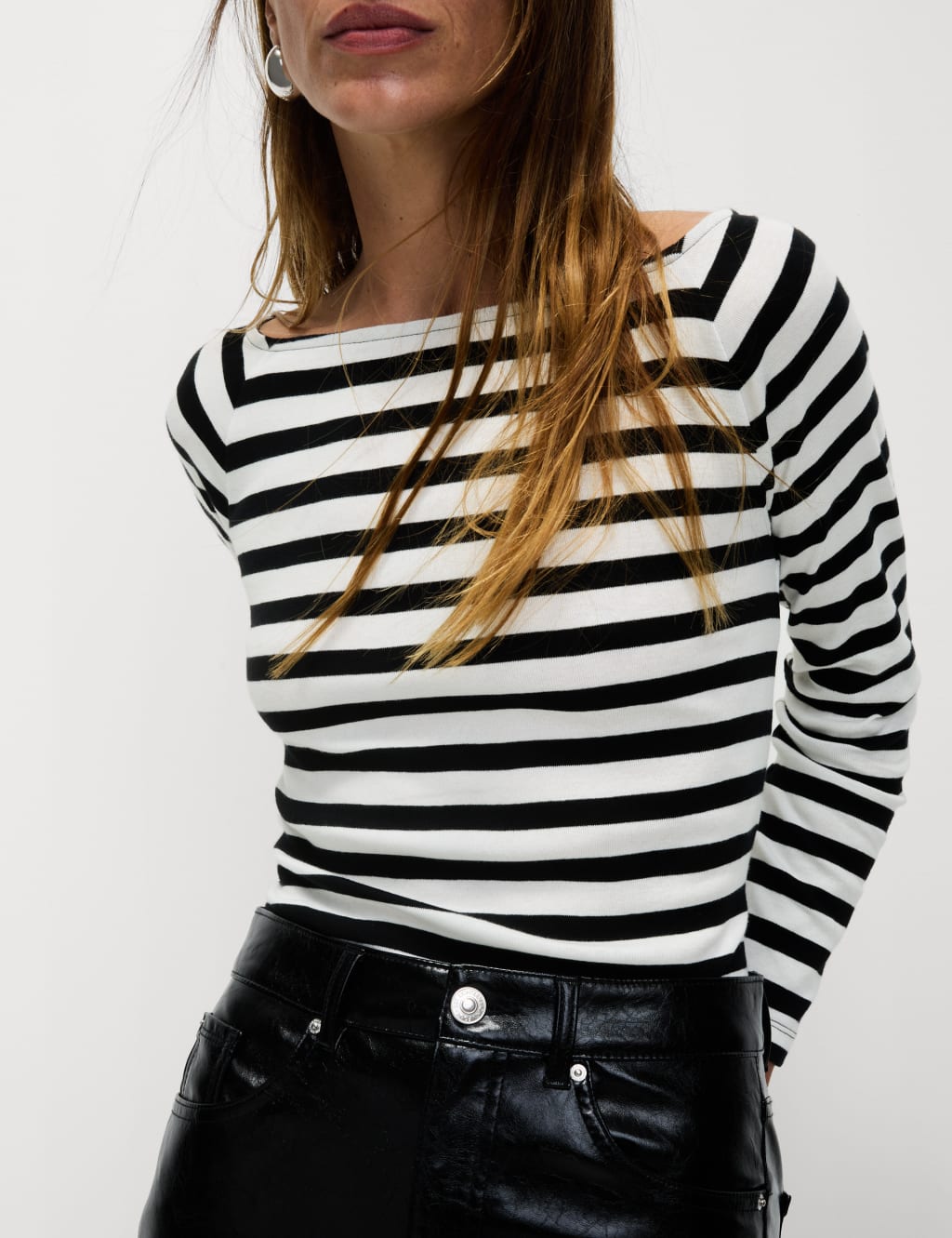 Pure Cotton Striped Slim Fit Bardot Top